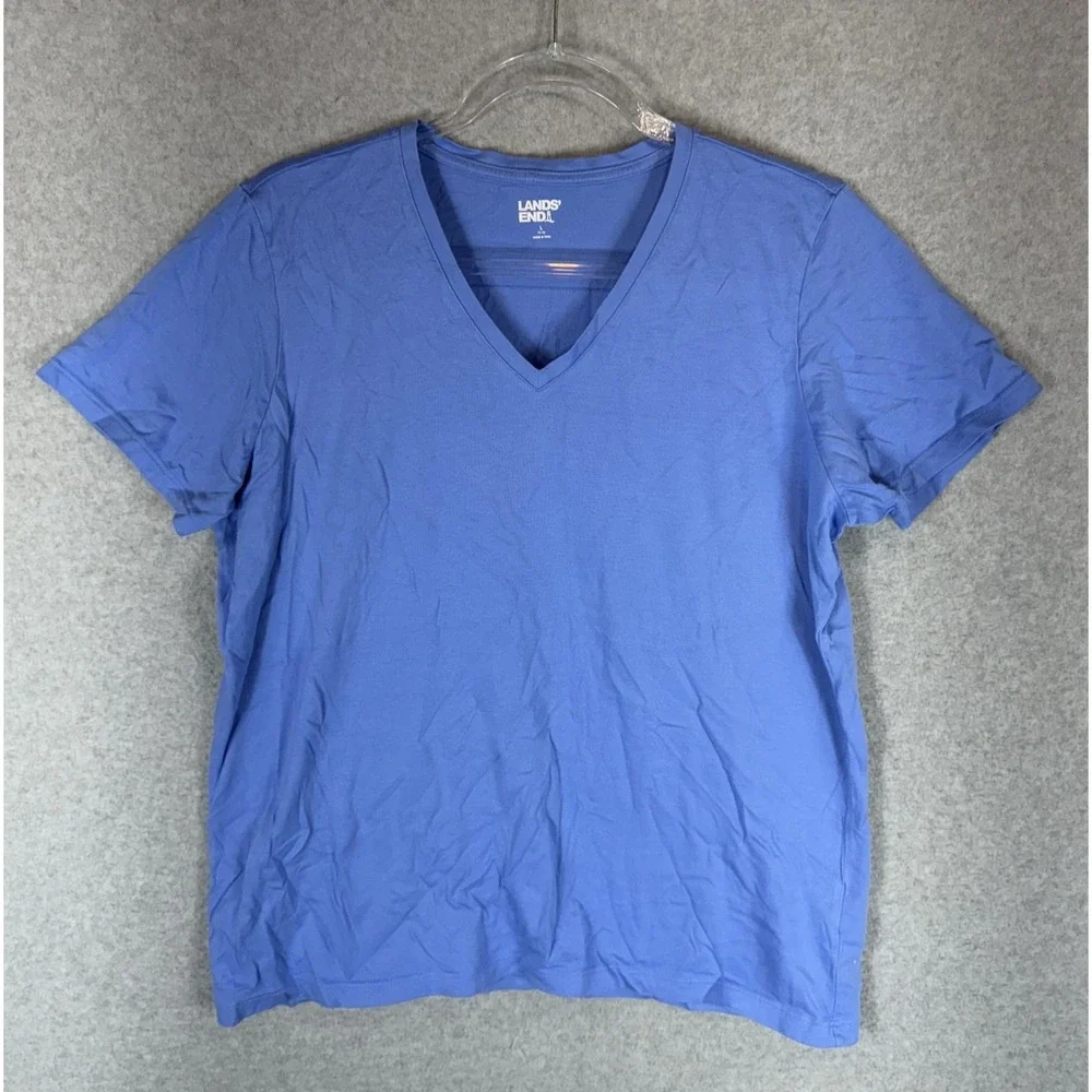 Lands End Shirt Mens Large Blue V Neck Soft Cotton Casual Lightweight Tee